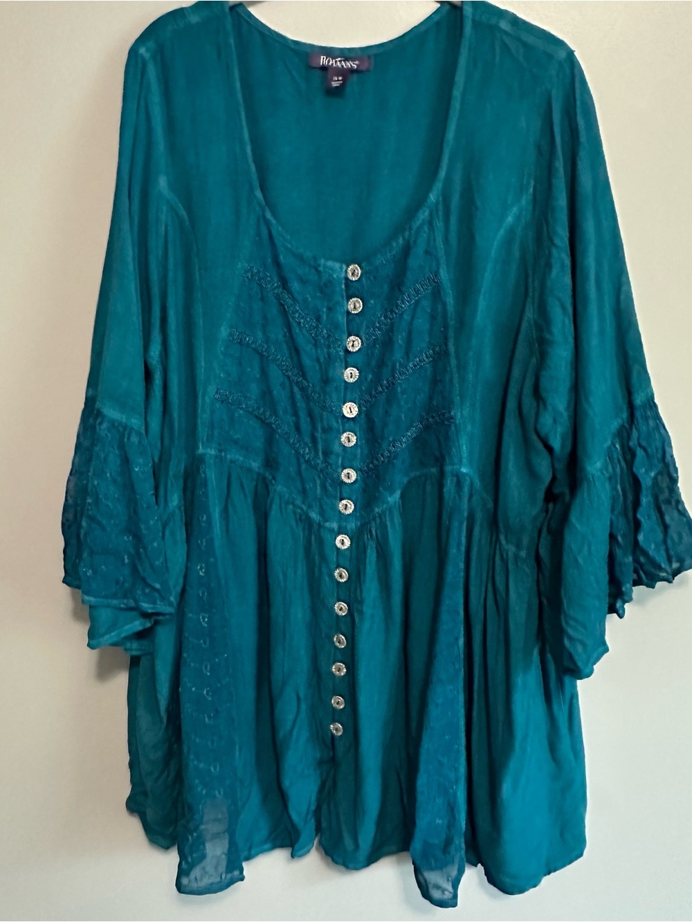 Roaman’s Women’s 26W Teal Boho Tunic Top Rayon Button Front 3/4 Bell Sleeve